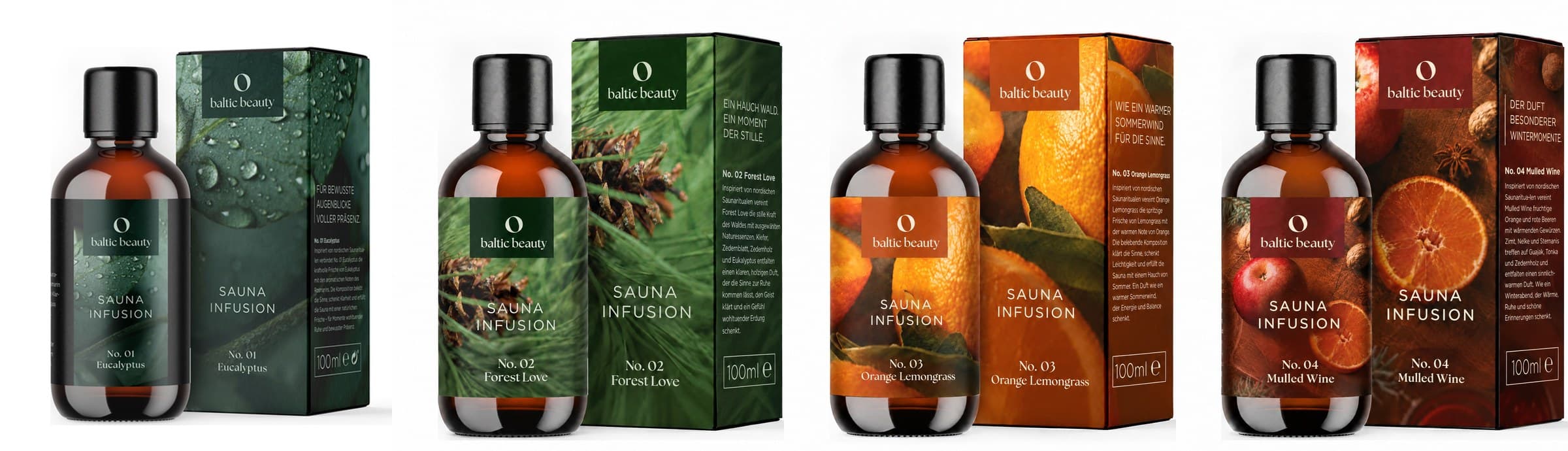 Sauna Infusion No. 01 bis No. 04 – Flaschen mit Faltschachteln